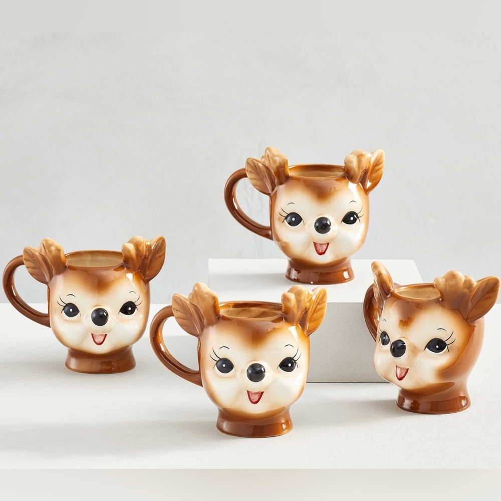 Pottery Barn (Set of 4) Cheeky Reindeer-Shaped Holiday Christmas Ceramic Mug